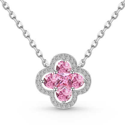 Women's Clover Pendant Necklace, D‑Shape Pink Sapphire, S925 with White Gold Plating