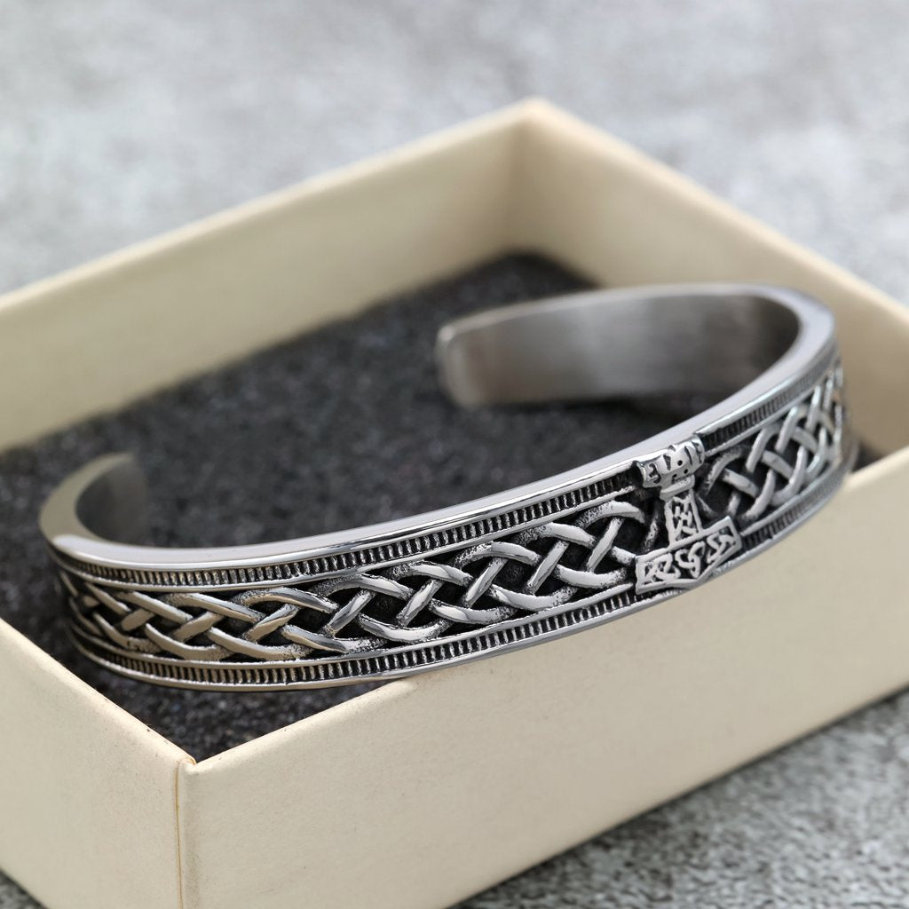 Nordic Retro Viking Mjolnir Stainless Steel C Cuff Men Bracelet