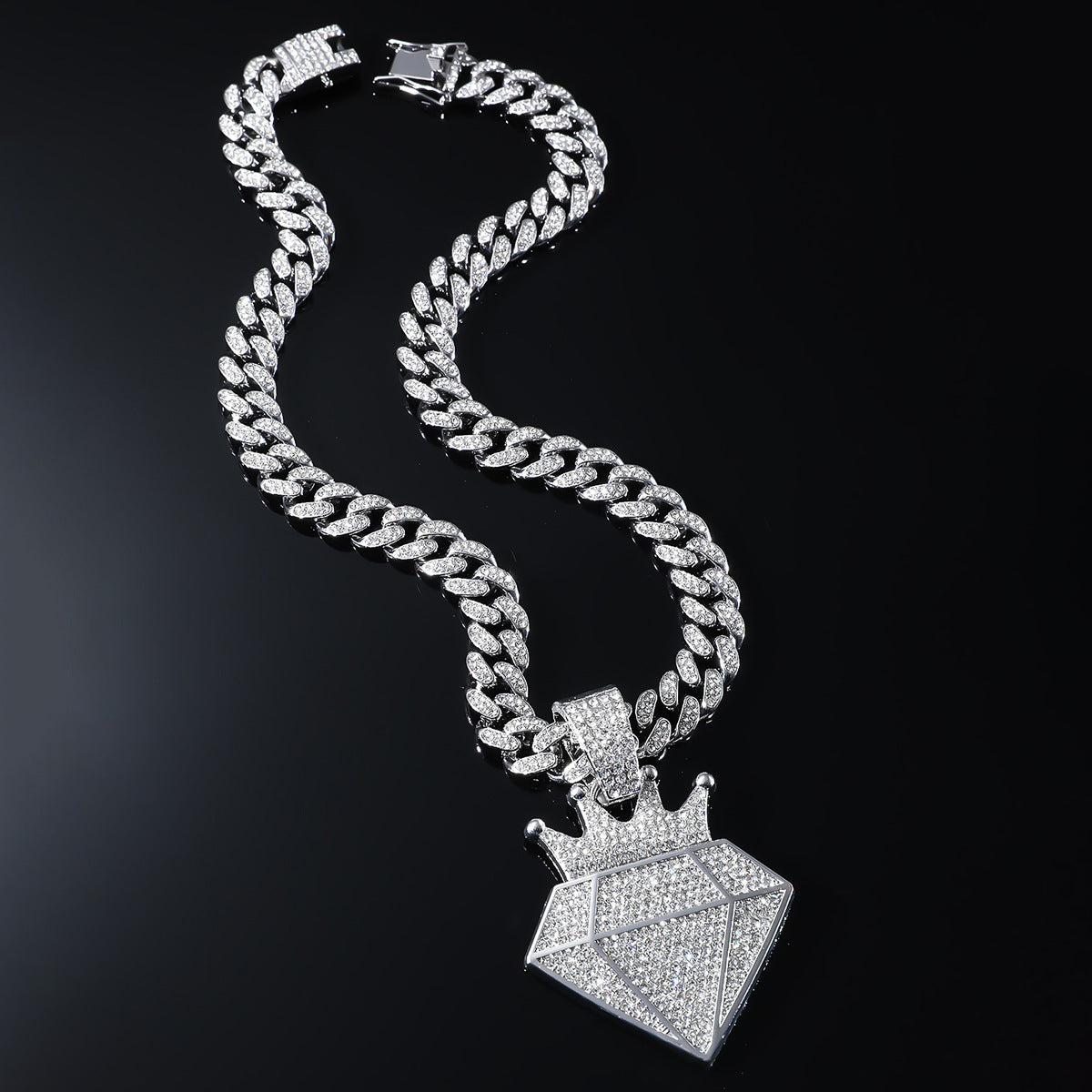 Hip-Hop Crown Diamond-Shaped Cuban Chain Pendant Necklace