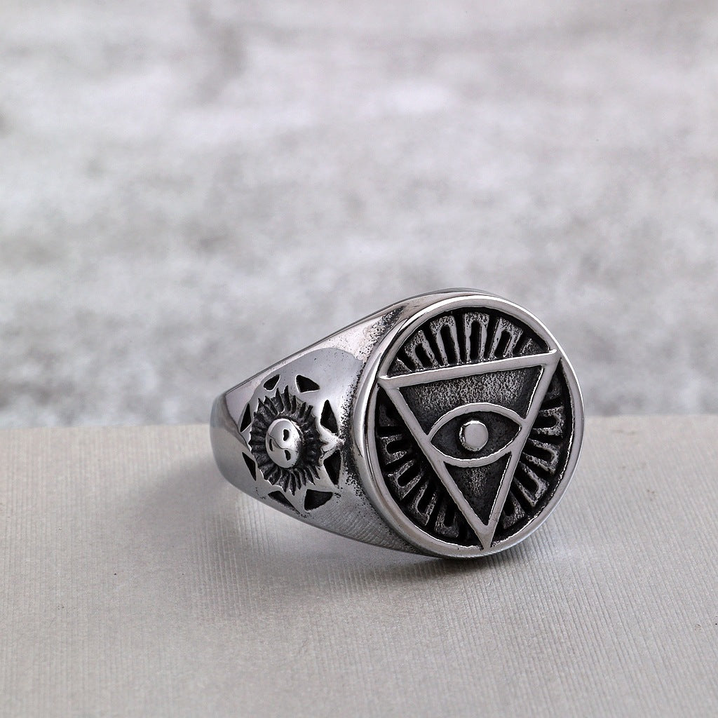 Vintage Solid Stainless Steel Ancient Egyptian Eye of Horus Band Ring for Men