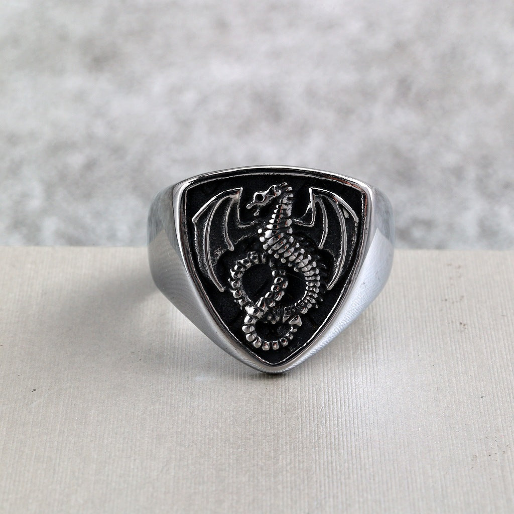 Vintage Solid Stainless Steel Shield Dragon Signet Ring for Men