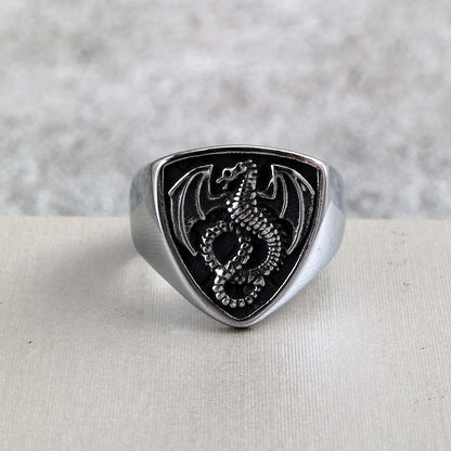 Vintage Solid Stainless Steel Shield Dragon Signet Ring for Men
