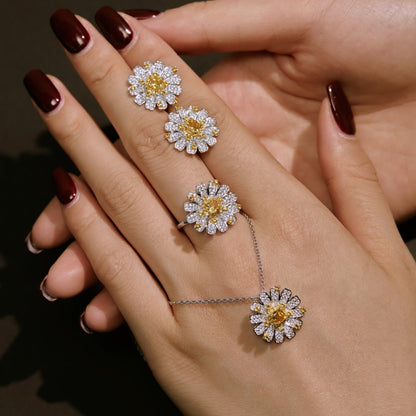 Women's Pendant Necklace, Square Shape Crushed Ice Cut Yellow Sapphire & Round Zirconia Sunflower Inlay, S925 with White Gold Plating