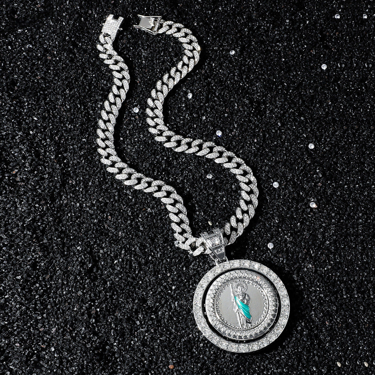Hip Hop Religion Rotating St. Jude Statue Cuban Chain Pendant Necklace