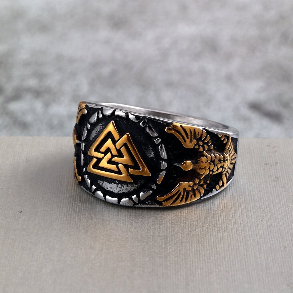 Vintage Solid Stainless Steel Norse Viking Valknut Raven Wide Signet Ring for Men