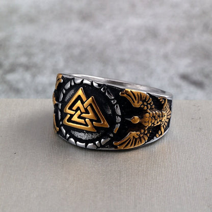 Vintage Solid Stainless Steel Norse Viking Valknut Raven Wide Signet Ring for Men