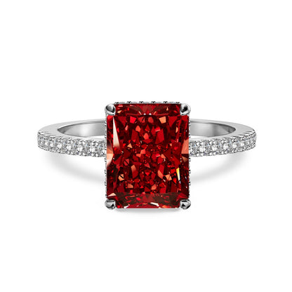 Women's Square Ice Flower Cut Red Zirconia Fashion Ring, S925 with White Gold Plating
