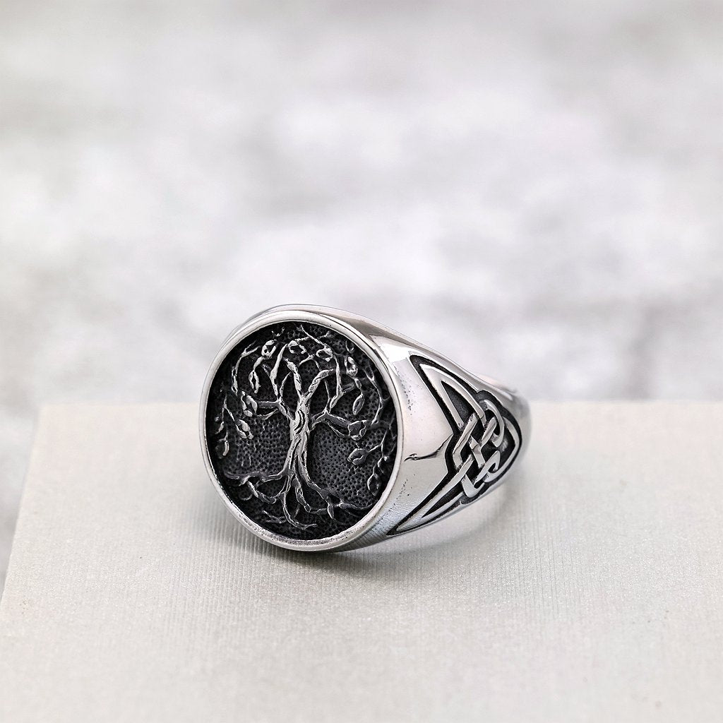 Vintage Polished Stainless Steel Viking Tree of Life Pattern Ring for Men