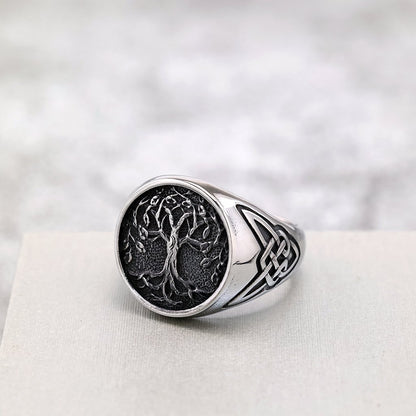 Vintage Polished Stainless Steel Viking Tree of Life Pattern Ring for Men