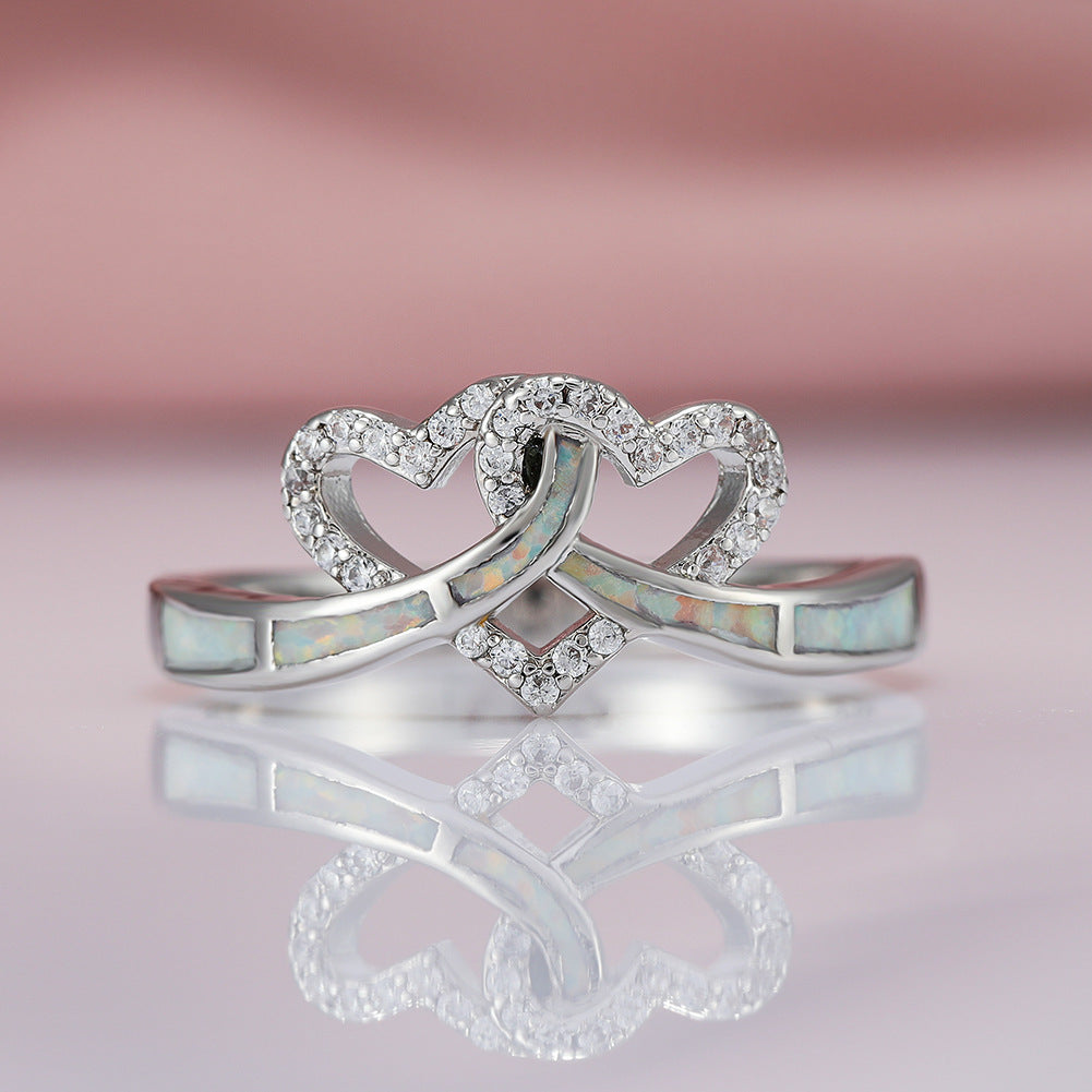 Women's Intertwined Double Heart Opal With Zirconia Ring