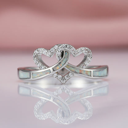 Women's Intertwined Double Heart Opal With Zirconia Ring