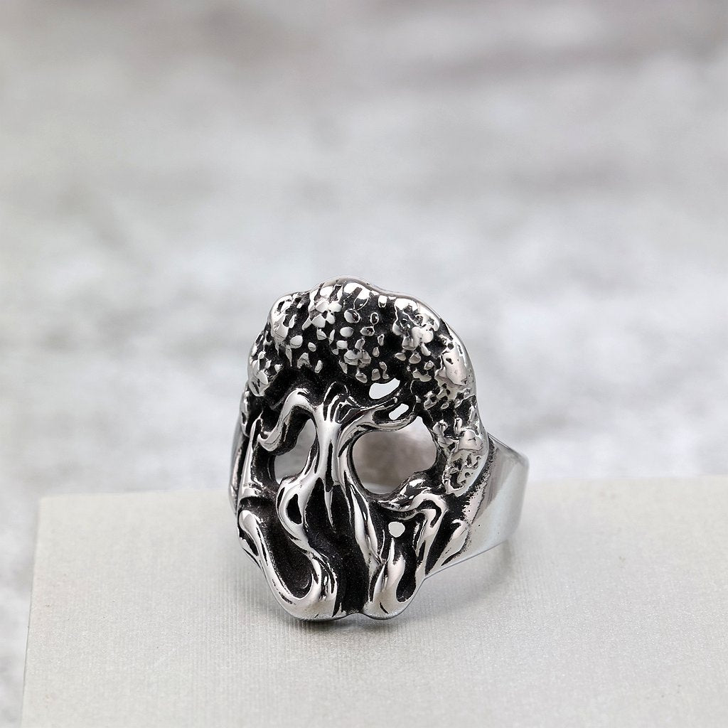 Vintage Solid Stainless Steel Punk Hollow Tree of Life Ring for Men