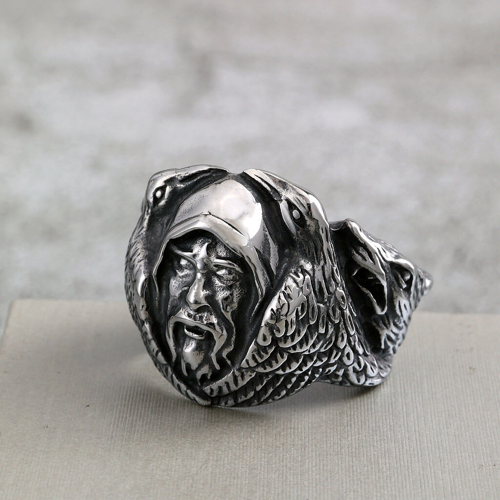 Vintage Stainless Steel Biker Viking Odin Raven Wolf Head Ring for Men