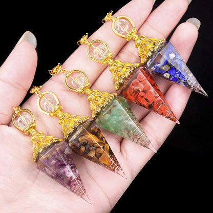 Crystal agate stone colorful crushed stone resin golden hexagonal pyramid spirit pendulum