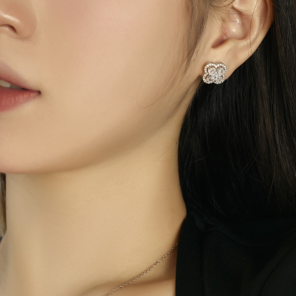 Women's Four‑Petal Flower Stud Earrings, Clear Center Stone with Zirconia Halo, S925 with White Gold Plating