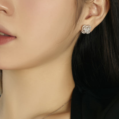 Women's Four‑Petal Flower Stud Earrings, Clear Center Stone with Zirconia Halo, S925 with White Gold Plating