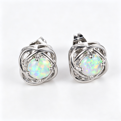 Women's Interwoven Hollow Round Stud Earrings, Blue Opal / White Opal, White Gold Plating