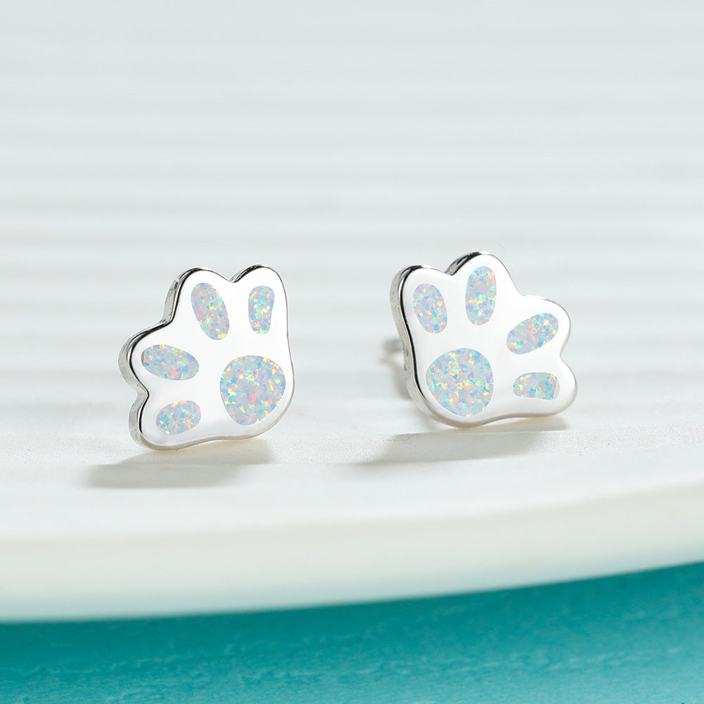 Women's Paw‑Shape Blue / White Opal Stud Earrings, with Rose Gold Plating / White Gold Plating