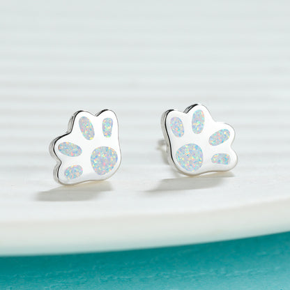 Women's Paw‑Shape Blue / White Opal Stud Earrings, with Rose Gold Plating / White Gold Plating