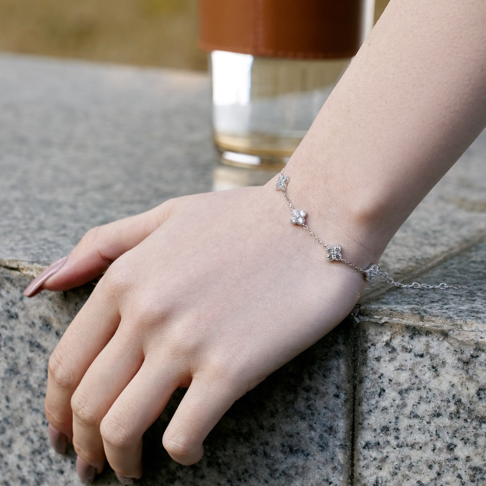 Women's Fashion Exquisite Bracelet, Round Zirconia Inlaid Clover & Hollow Butterfly Design, S925 with White Gold Plating