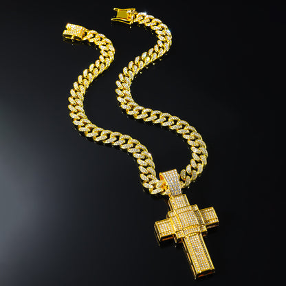 Hip-Hop 3D Zircon-Encrusted Cross Cuban Chain Pendant Necklace