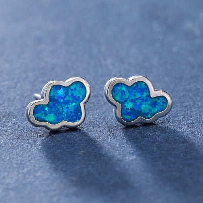 Women's Cloud‑Shape Stud Earrings, Blue Opal / White Opal Inlay, with White Gold Plating
