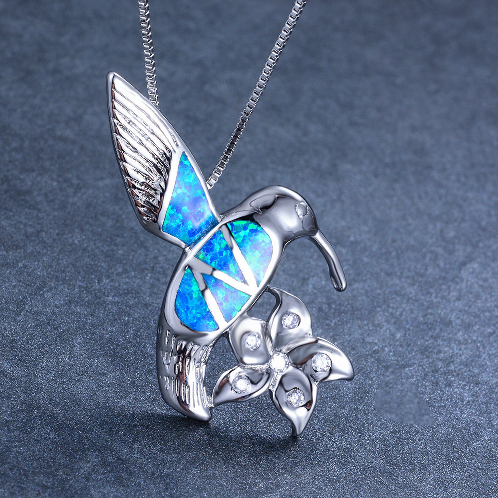 Opal bird + flower necklace