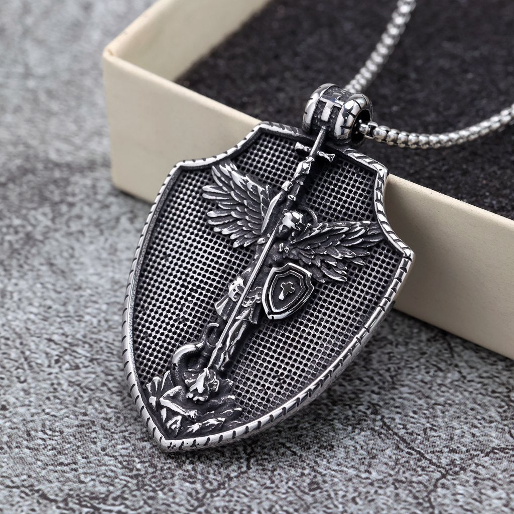 Men's Steel Archangel Shield Pendant Necklace