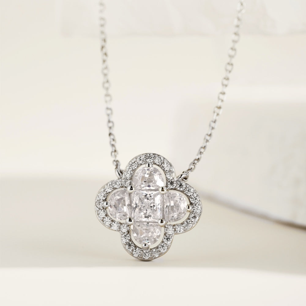 Women's Lucky Clover Pendant Necklace, D‑Shape Square & Round Zirconia Sparkling Charm, S925 with White Gold Plating