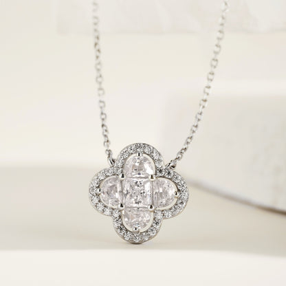 Women's Lucky Clover Pendant Necklace, D‑Shape Square & Round Zirconia Sparkling Charm, S925 with White Gold Plating