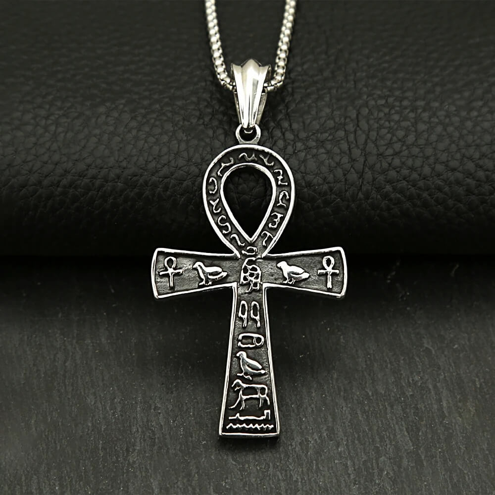 Men's Steel Egyptian Ankh Hieroglyph Pendant Necklace