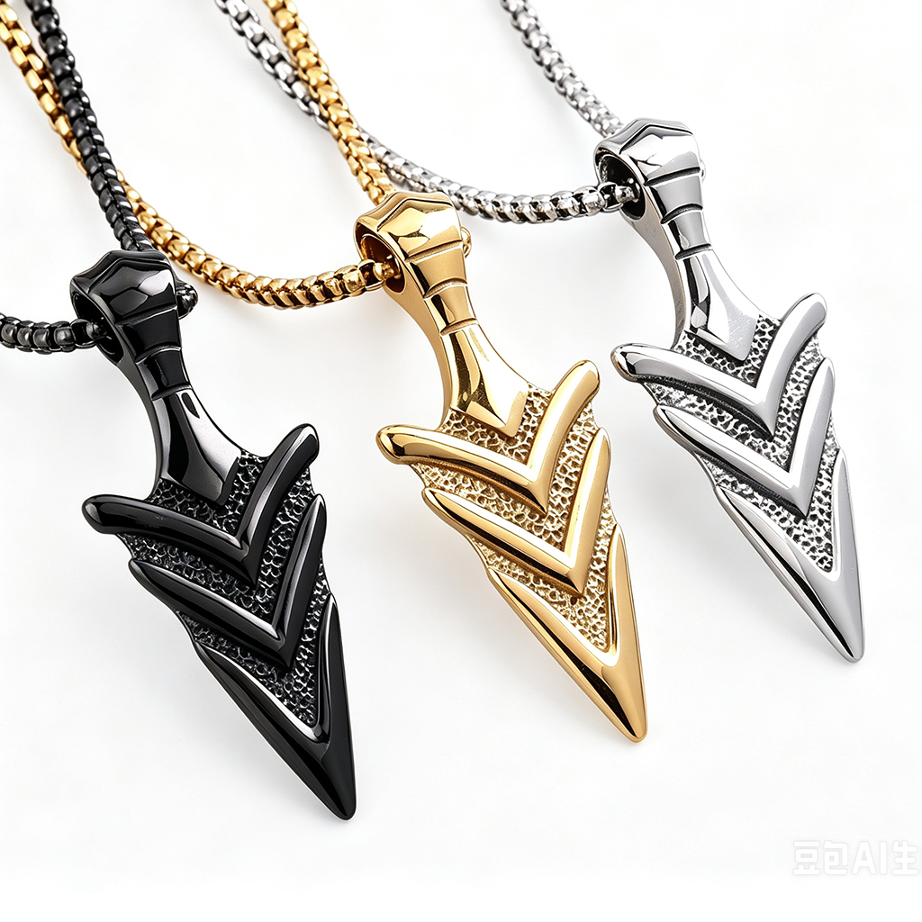 Vintage Stainless Steel Men's 3D Arrowhead Pendant Necklace