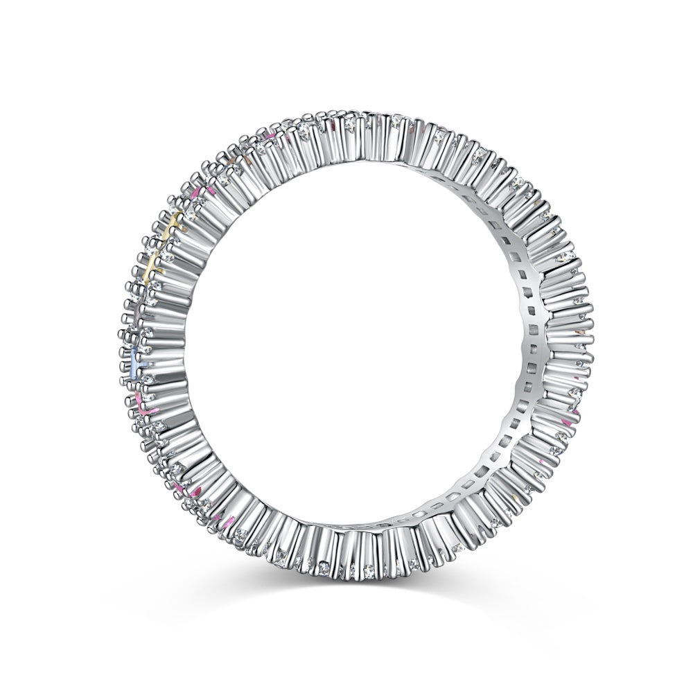 Women's Colorful Rectangular Zirconia Paved Hollow Design Ring, S925 with White Gold Plating