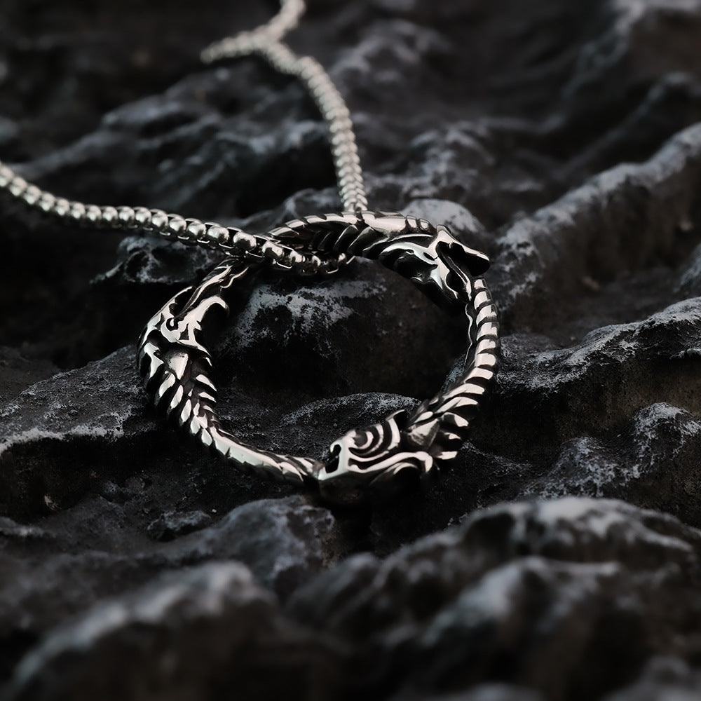 Men's Steel Ouroboros Dragon Ring Shape Pendant Necklace