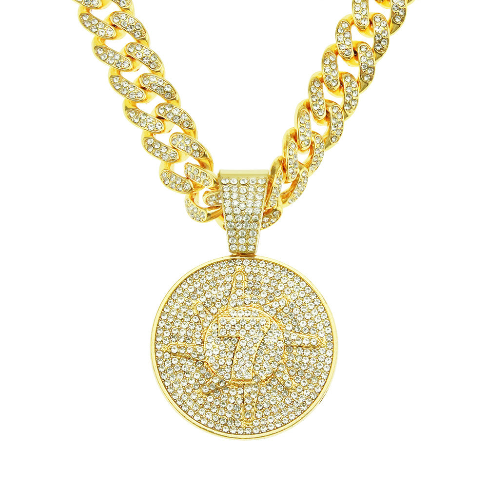 Hip-Hop 3D Zircon-Encrusted Number 7 Round Tag Cuban Chain Pendant Necklace