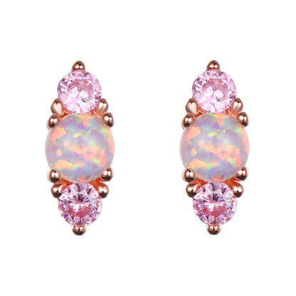 Women's Three‑Stone Stud Earrings With Round Opal & Round Zirconia, with White Gold / Rose Gold Plating