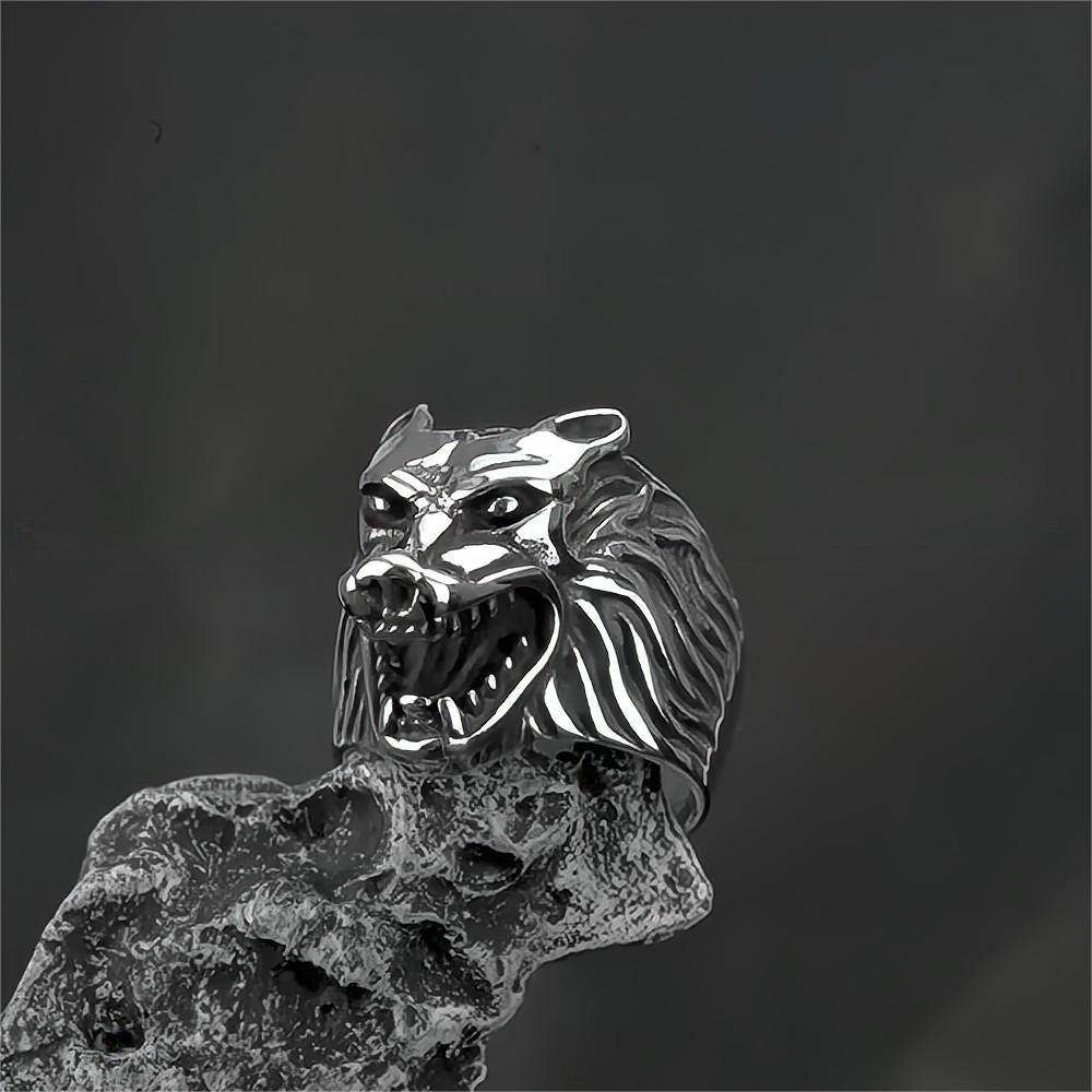 Vintage Solid Stainless Steel Nordic Big Wolf Head Band Ring for Men