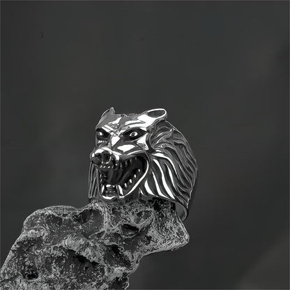 Vintage Solid Stainless Steel Nordic Big Wolf Head Band Ring for Men