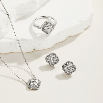 Women's Clover Flower Pendant Necklace, Inlaid Round Zirconia, S925 with White Gold Plating