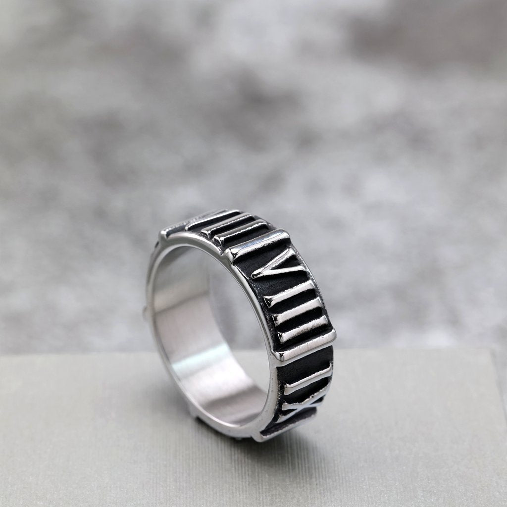 Vintage  Stainless Steel Roman Numeral Embossed Band Ring for Men