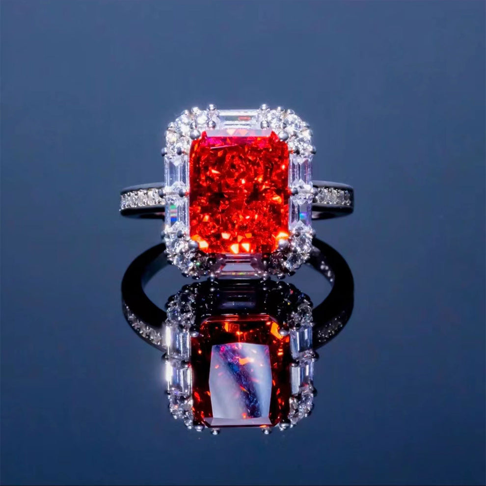 Women's White Gold Rectangle Ruby Adjustable Halo Ring