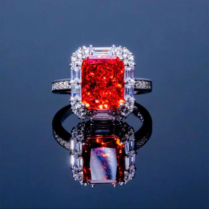 Women's White Gold Rectangle Ruby Adjustable Halo Ring