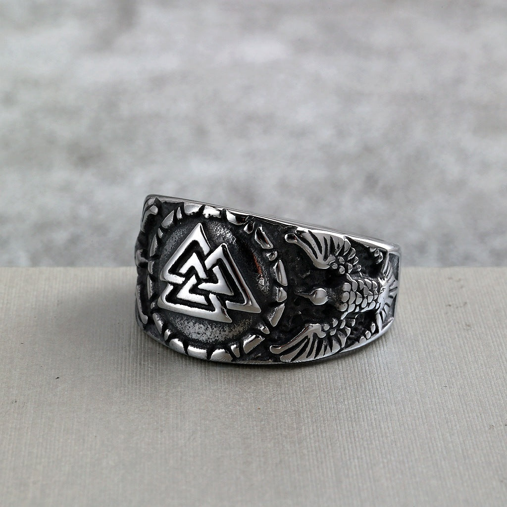 Vintage Solid Stainless Steel Norse Viking Valknut Raven Wide Signet Ring for Men