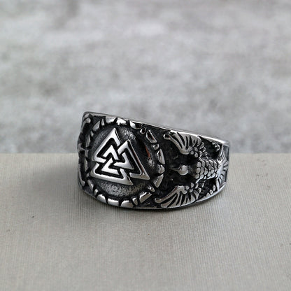 Vintage Solid Stainless Steel Norse Viking Valknut Raven Wide Signet Ring for Men