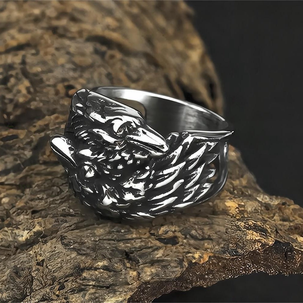 Vintage Solid Stainless Steel Norse Viking Double Raven Totem Band Ring for Men