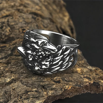 Vintage Solid Stainless Steel Norse Viking Double Raven Totem Band Ring for Men