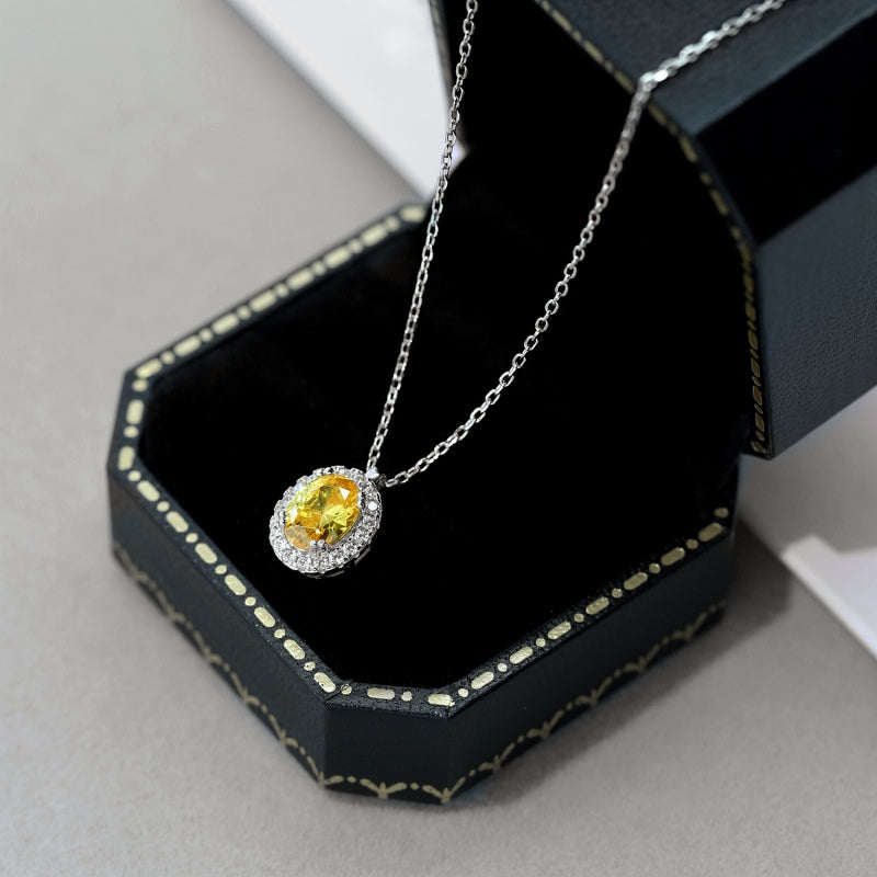 Niche Light Luxury S925 Sterling Silver Necklace, Inlaid Yellow Oval Zirconia and White Round Zirconia Fashion Pendant Jewelry