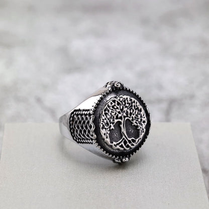 Vintage Nordic Cast Stainless Steel Viking Tree of Life Symbol Ring for Men