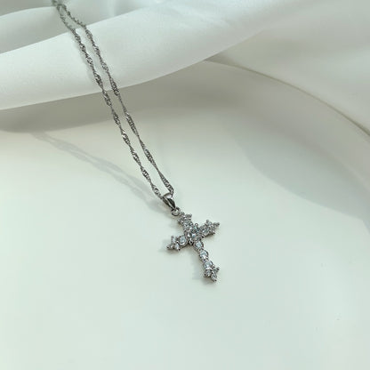 Women's Stackable Religious Cross Pendant Necklace, Zirconia Inlay, S925 with White Gold Plating