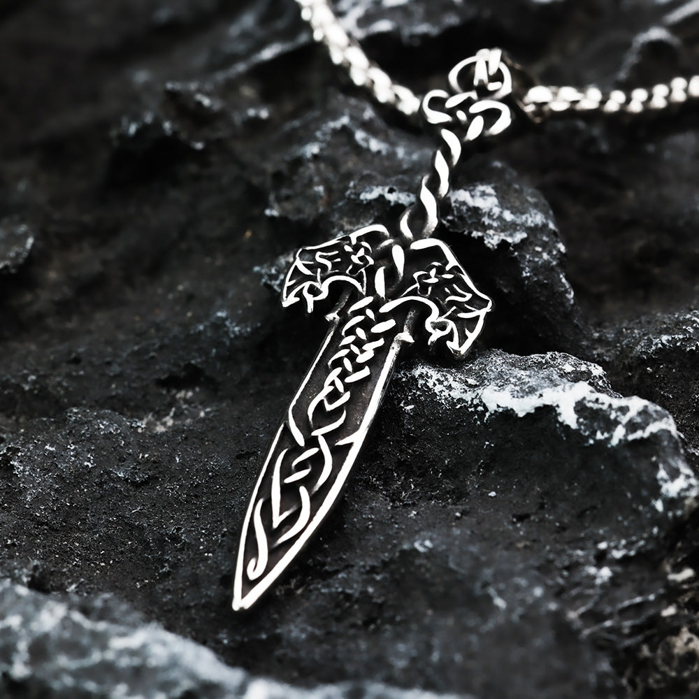 Vintage Antique Oxidized Stainless Steel Men's Viking Celtic Knot Sword Hollow Pendant Necklace